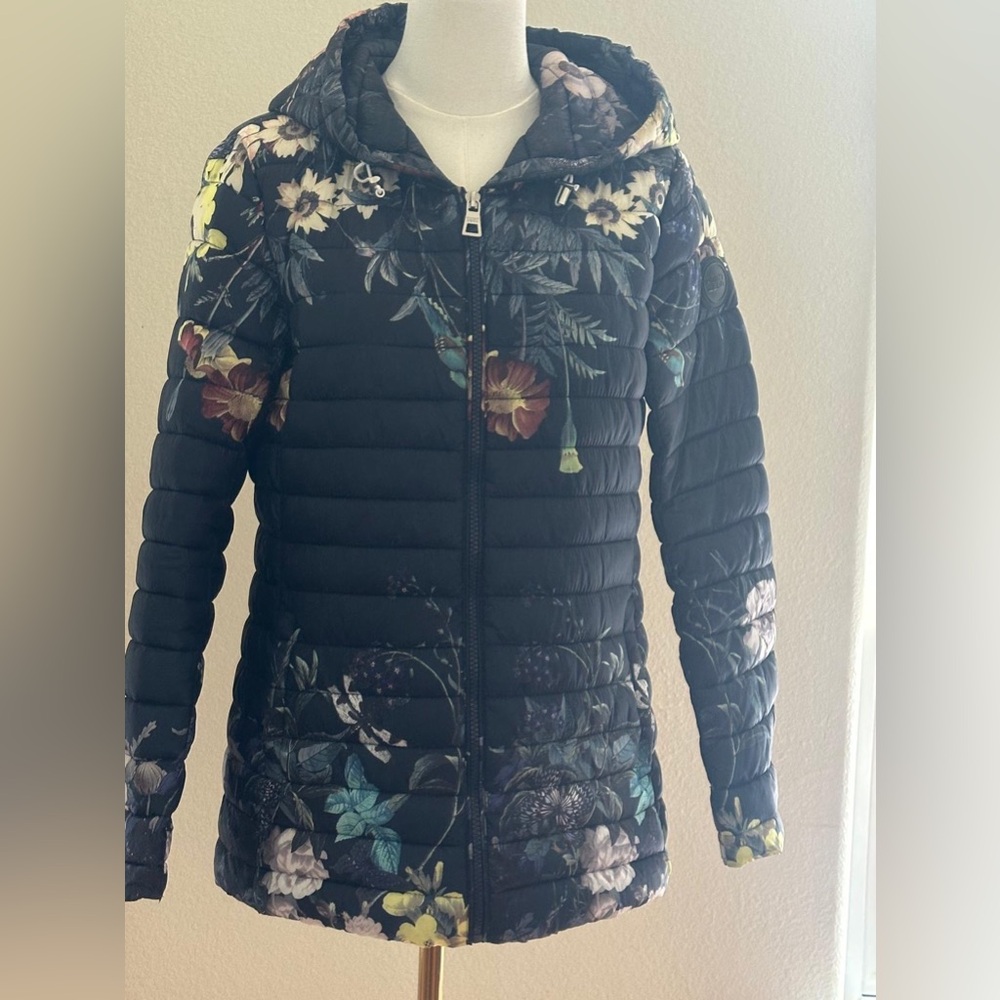 Point Zero Black Puffer Jacket with Floral Pattern